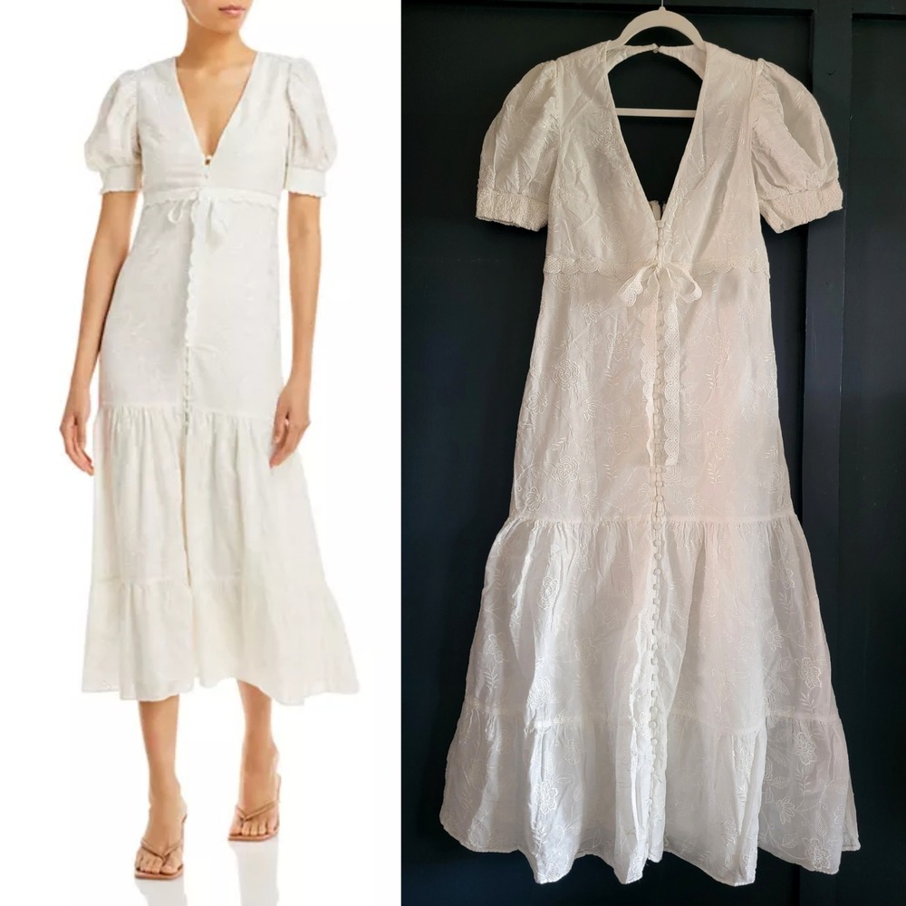 Alice + Olivia White‎ Stori Embroidered Midi Dress Cotton Eyelet Tiered Size 4